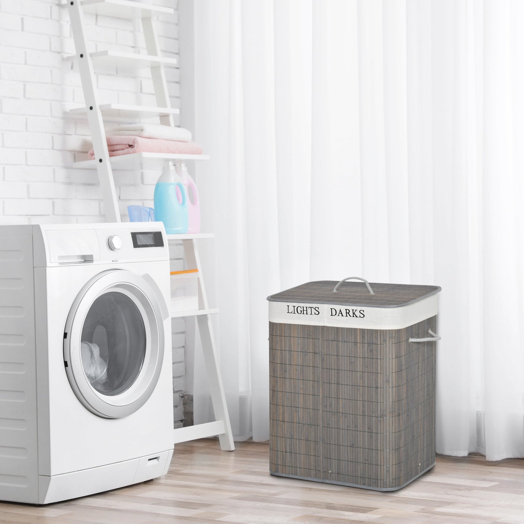 Laundry Basket 100L 2 Compartments Foldable Bamboo, Grey