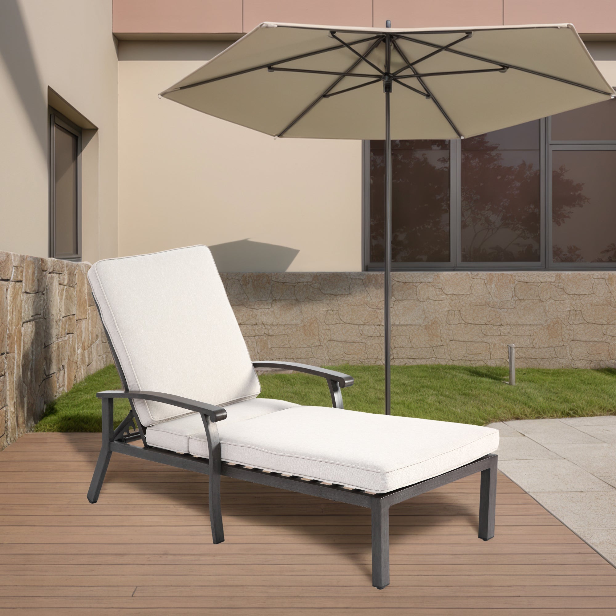 Lounge Patio Chair, Adjustable Reclining Aluminum, Waterproof Beige Cushion