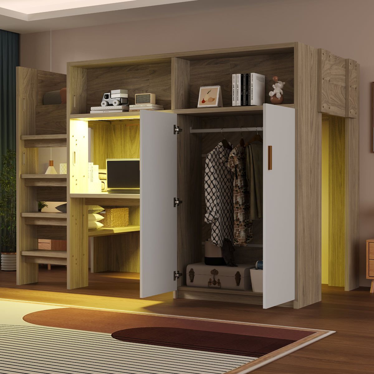 Multifunctional Loft Bed 90x200 with Desk, Wardrobe & Storage, Wood