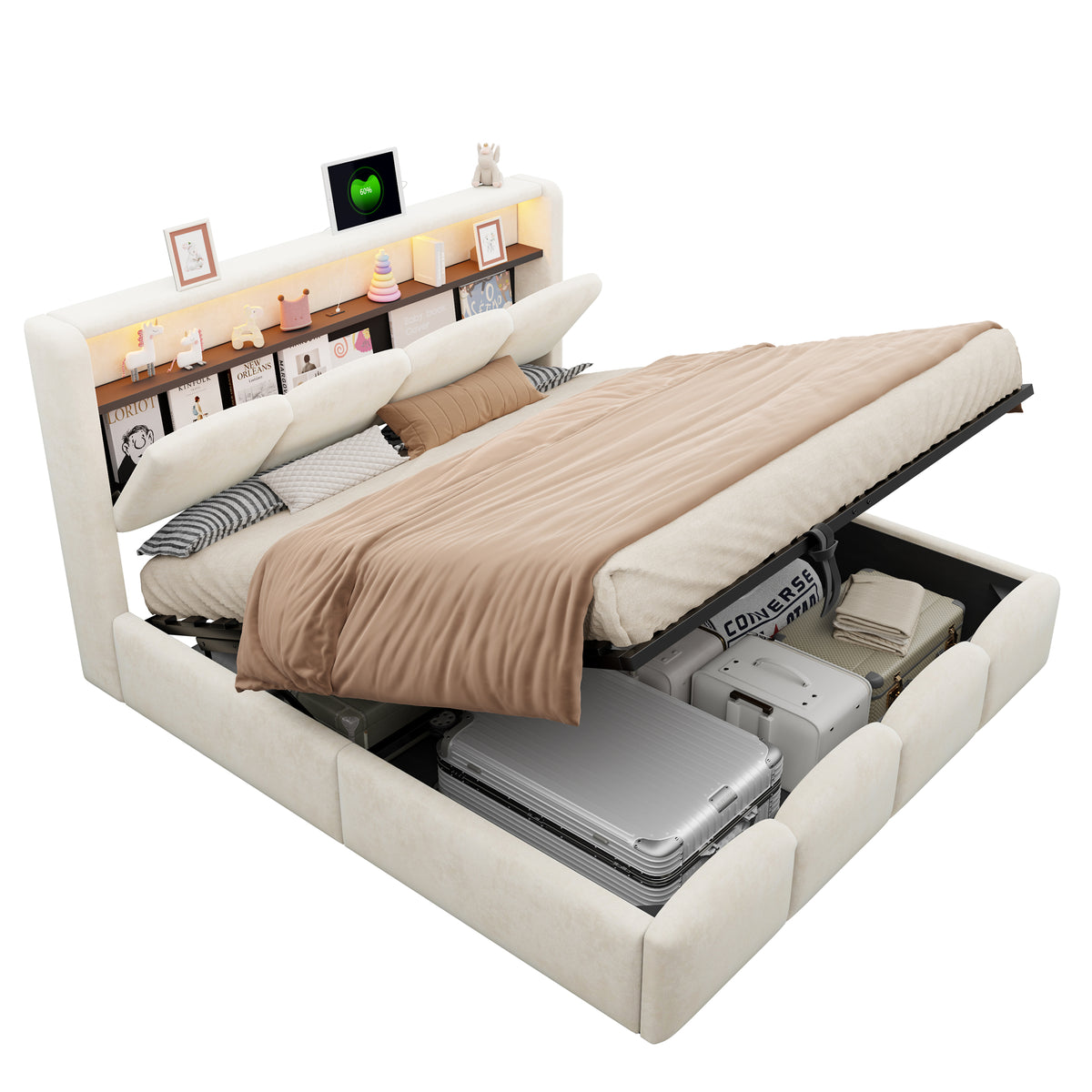Upholstered Bed 140x200 with Hydraulic Storage & LED, Beige Velvet