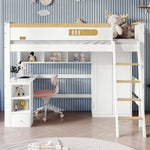 Bunk Bed with Safety Rail, Table, Wardrobe, Ladder, 90x200cm, Pine/MDF White/Natural