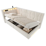 Upholstered Bed 90x200 with Storage & LED Lighting, Beige Velvet
