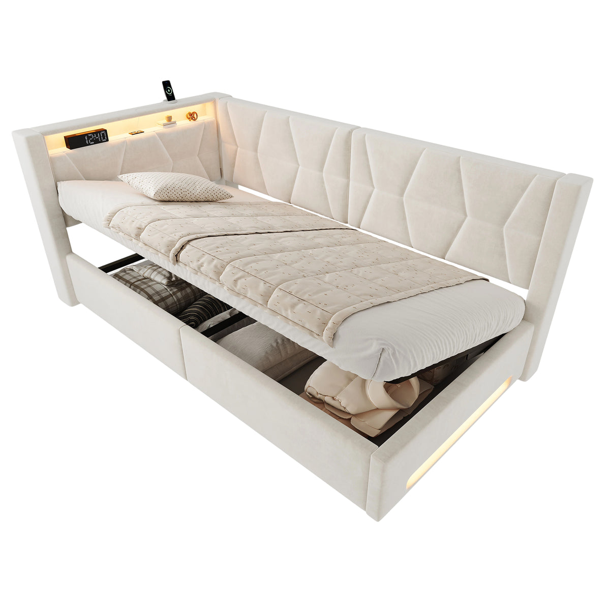 Upholstered Bed 90x200 with Storage & LED Lighting, Beige Velvet