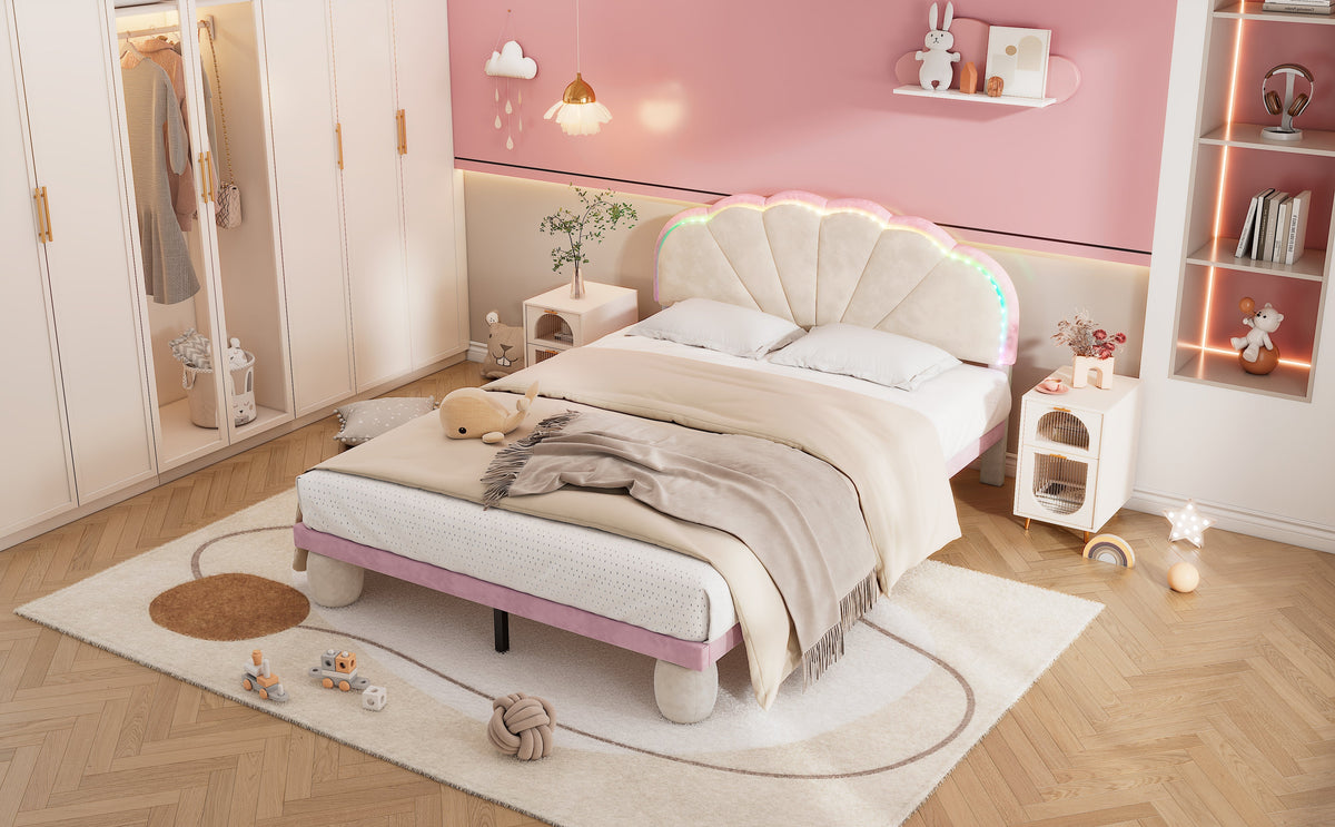 Upholstered Bed with Light Stripes, Scalloped Headboard & Round Legs, Velvet Beige+Pink