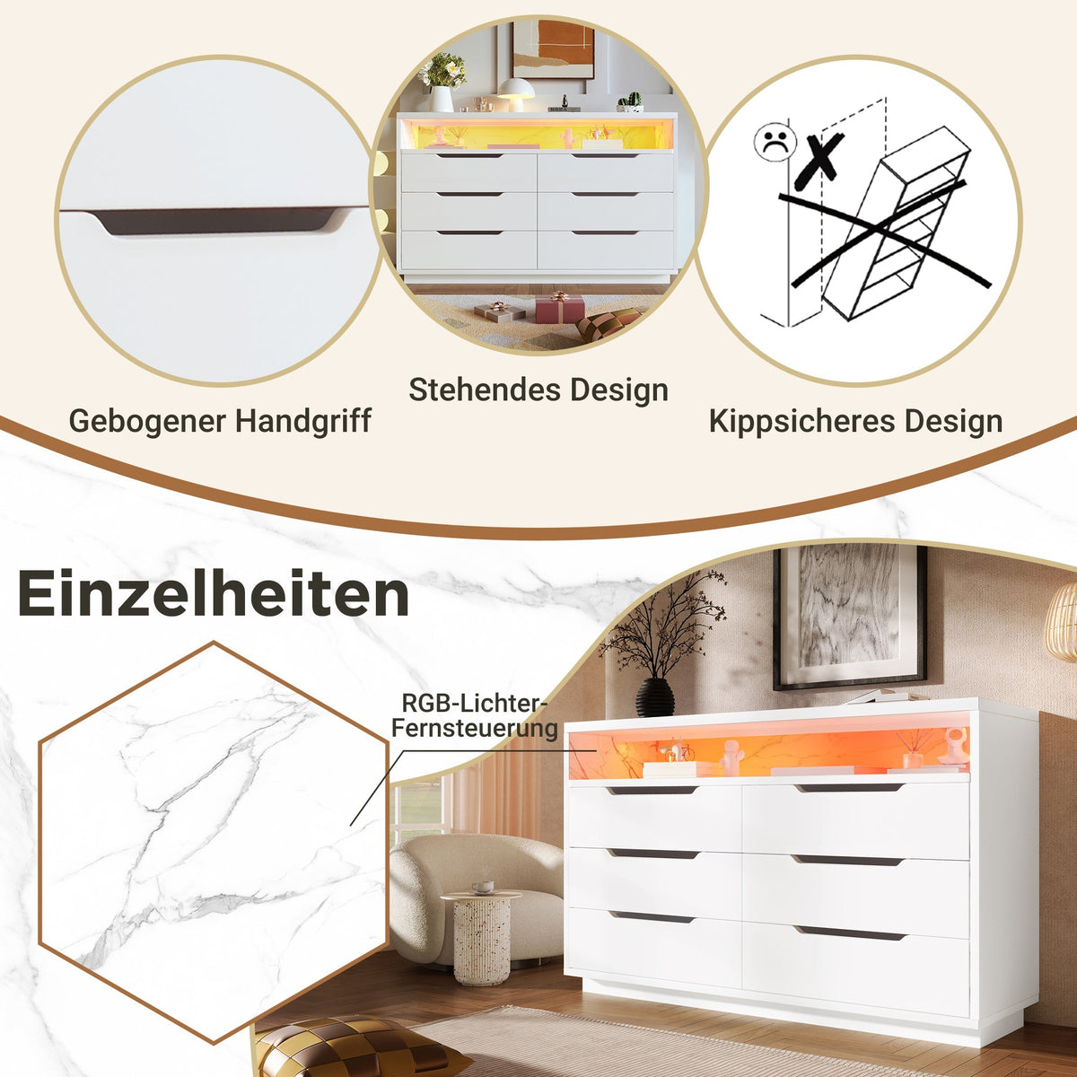 Sideboard Chest of Drawers LED 6 Drawers Marble Storage, White