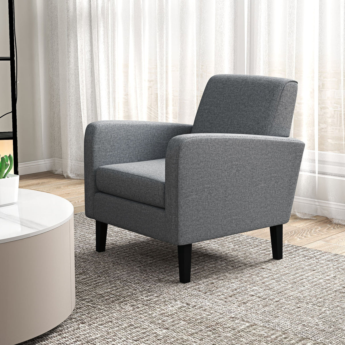 Recliner Chair, Upholstered Wooden Legs, Light Grey Linen Fabric