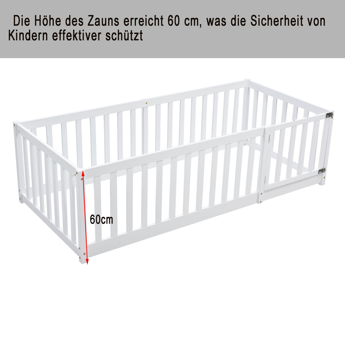 Children's Bed 90x200 Wooden Frame with Railing & Door, White