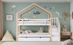 Bunk Bed, Pull-Out Treehouse with Sliding Bed & 3-Drawer Stairs, Natural + White