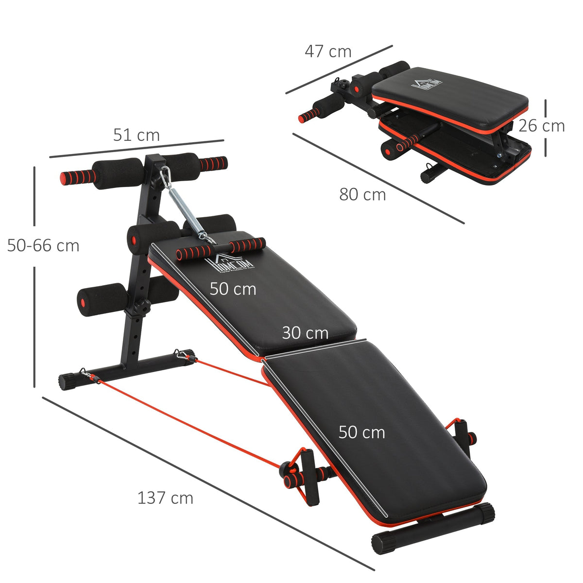 Sit-Up Bench, Adjustable & Foldable, Training Ropes, Steel Black Red