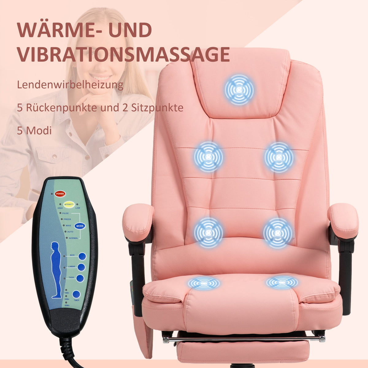 Office Chair, 7-Point Massage Reclining Height-Adjustable 120 kg Capacity, Pink