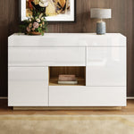 Sideboard, High-Gloss Display Cabinet with LED Lighting & Drawers, White