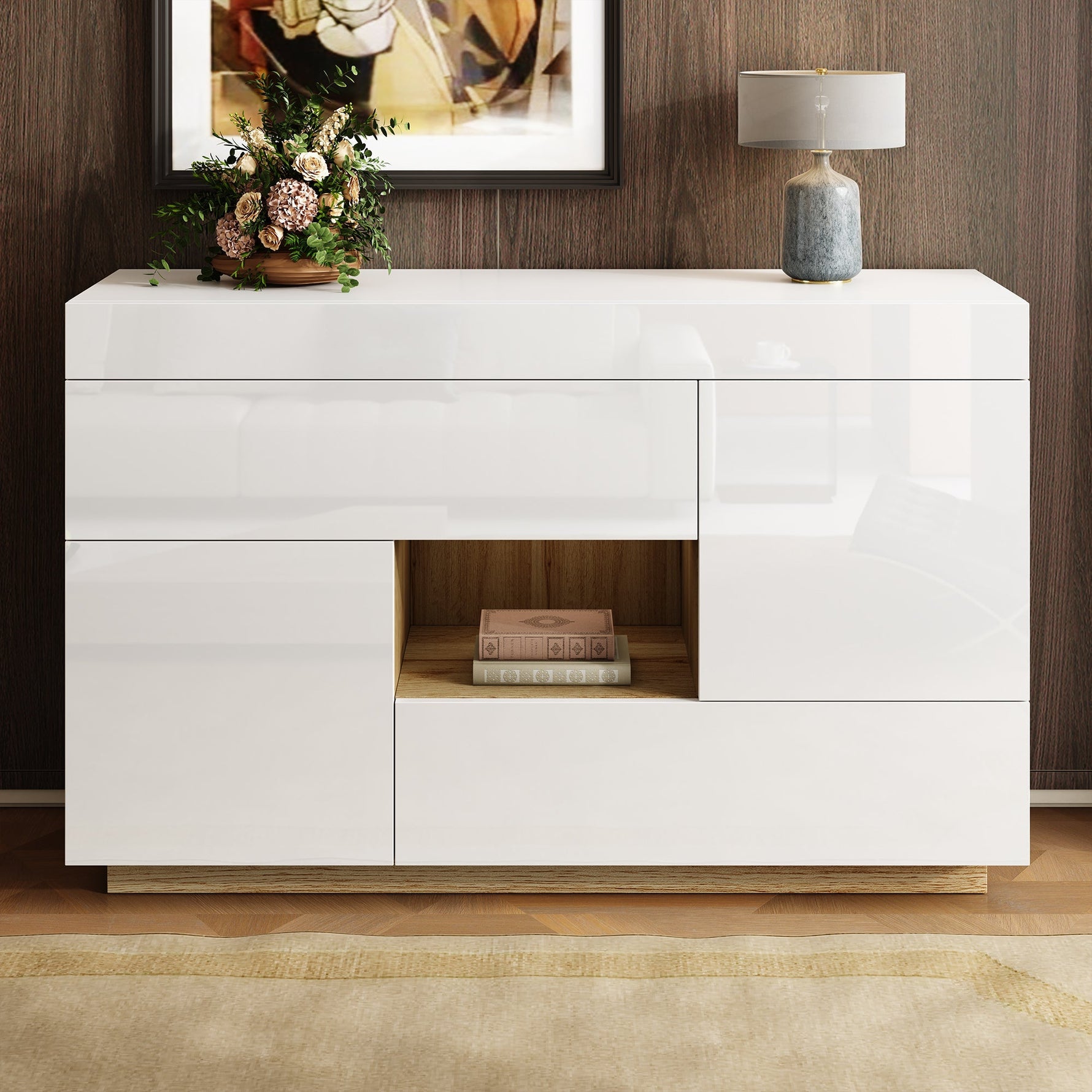 Sideboard, High-Gloss Display Cabinet with LED Lighting & Drawers, White