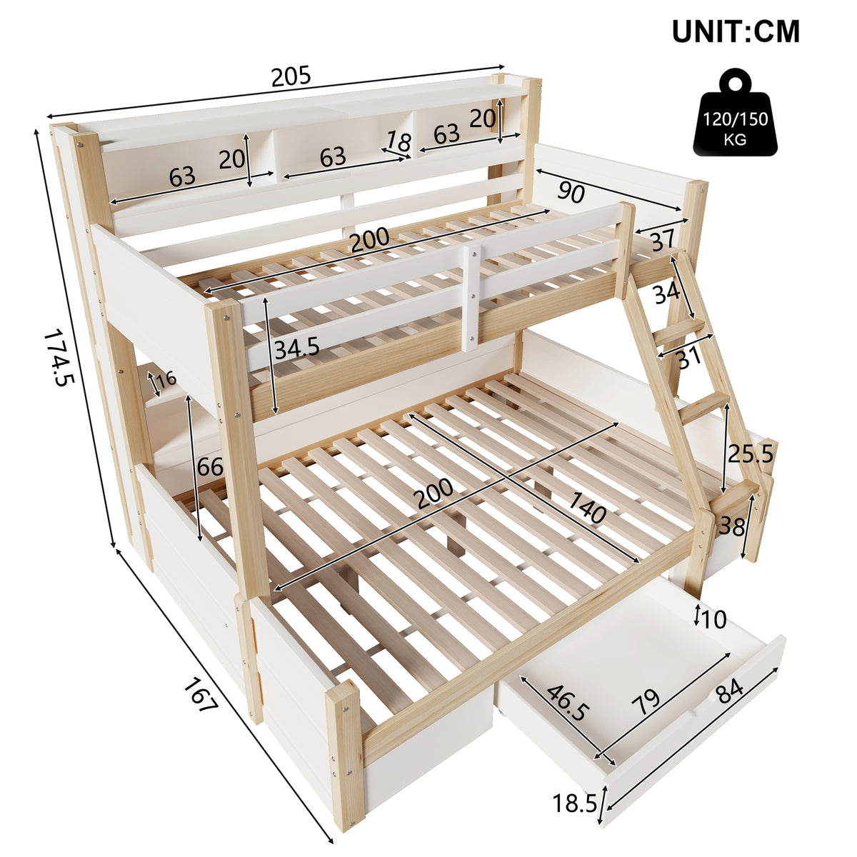 Bunk Bed 90x200 & 140x200 with Storage & LED, White + Natural