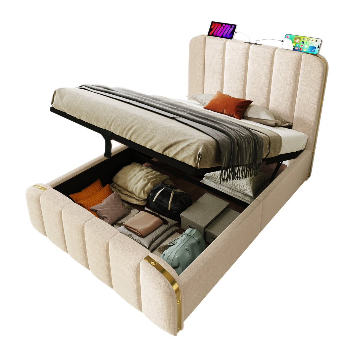 Upholstered Single Bed, USB-C Charging, Hydraulic Storage, Beige Linen