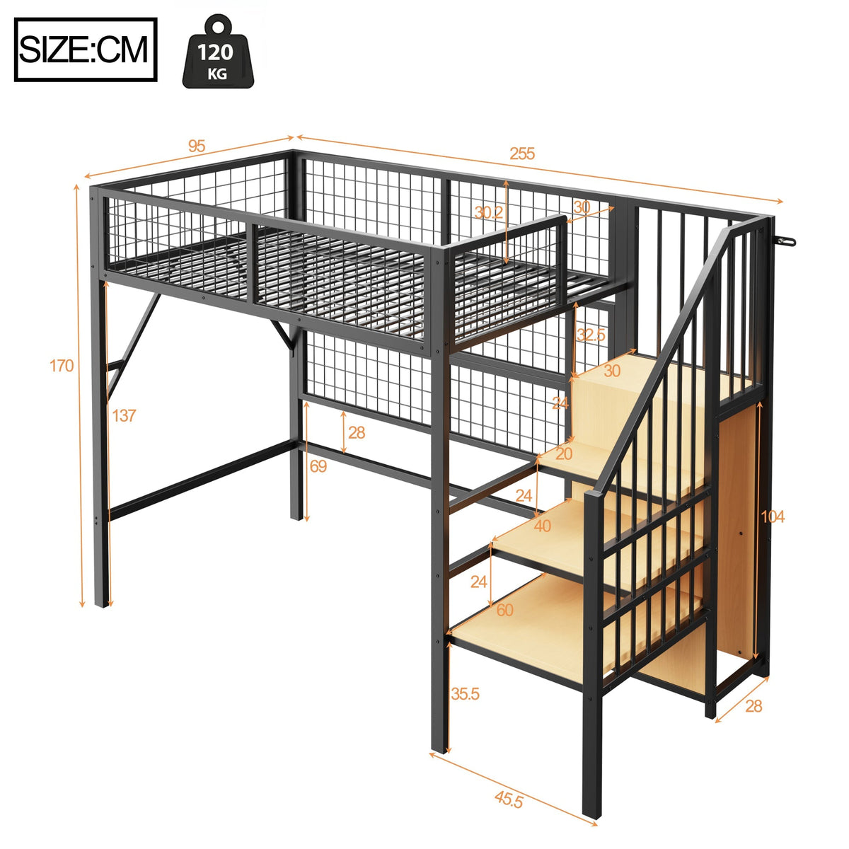 Metal Loft Bed 90x200 LED Lights Storage Stairs Wardrobe, Black