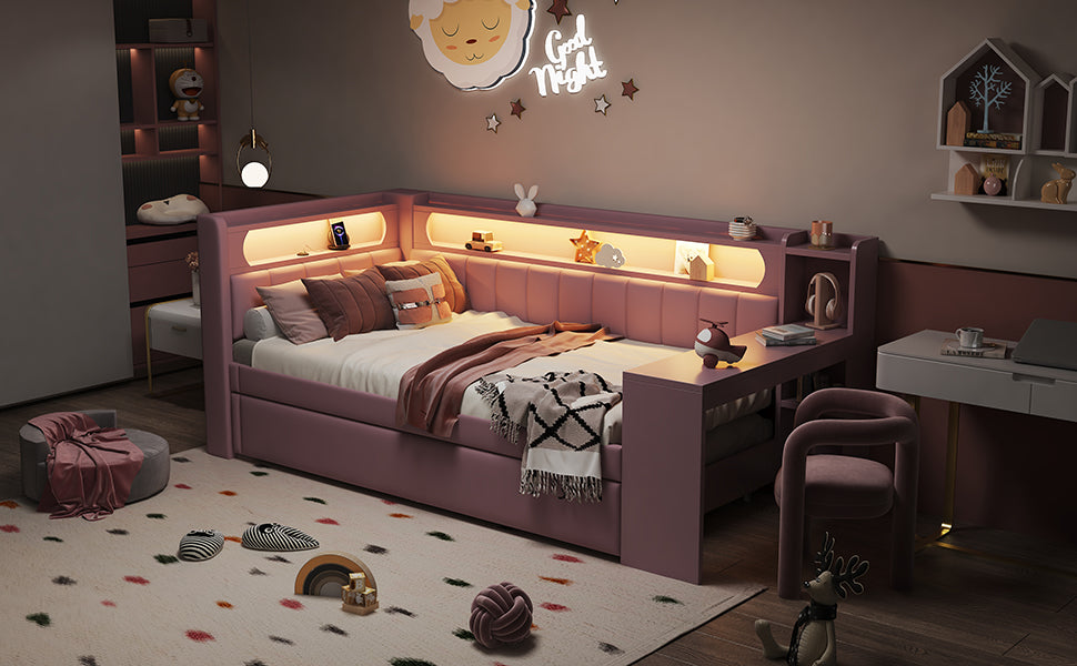 Upholstered Daybed with USB, LED, Pull-out Bed and Desk, 90x200cm, Pink