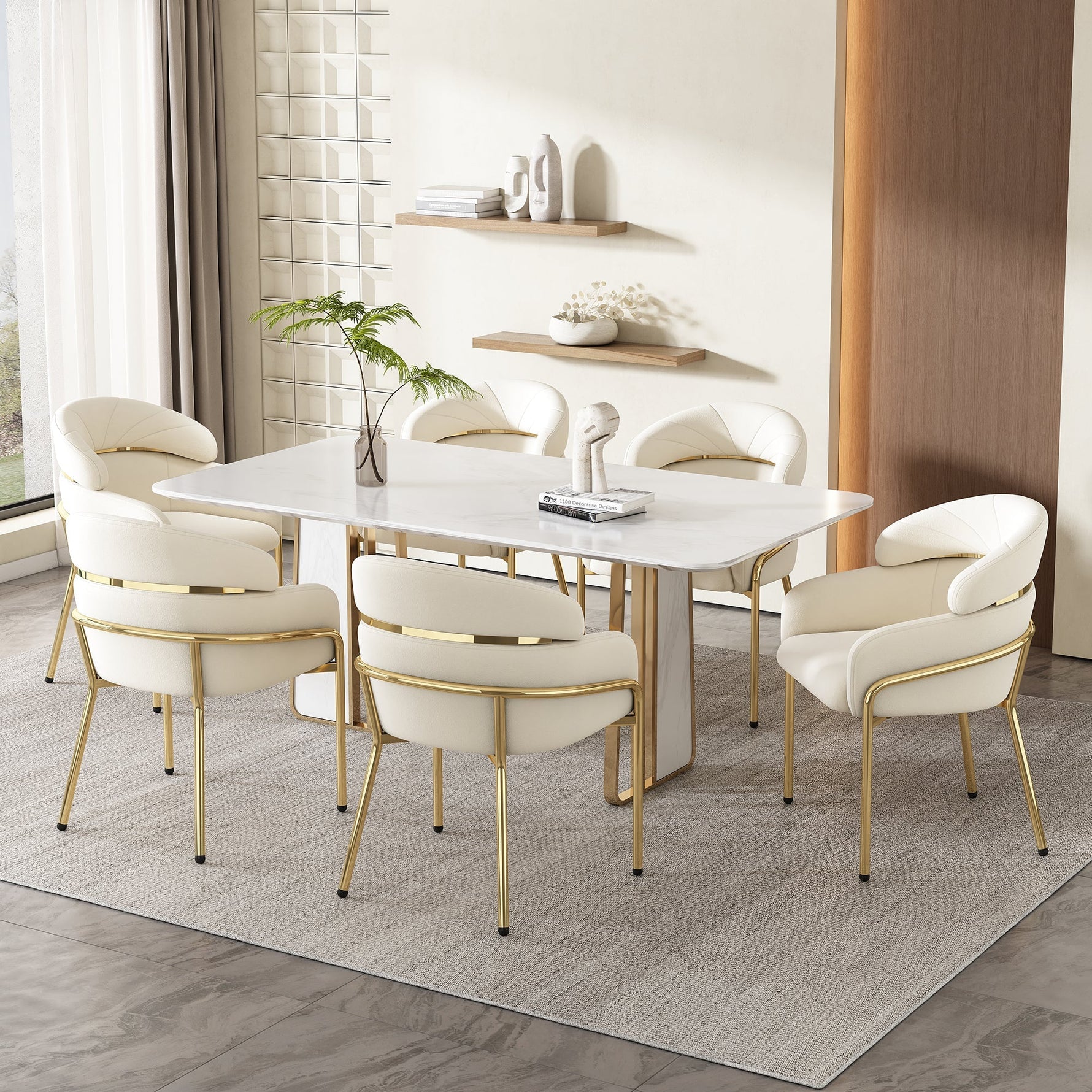 Light Luxury Dining Chair with Metal Legs, Velvet, Beige