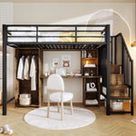 Loft Bed 90x200 cm with Wardrobe, Desk & Storage, Black Iron Frame