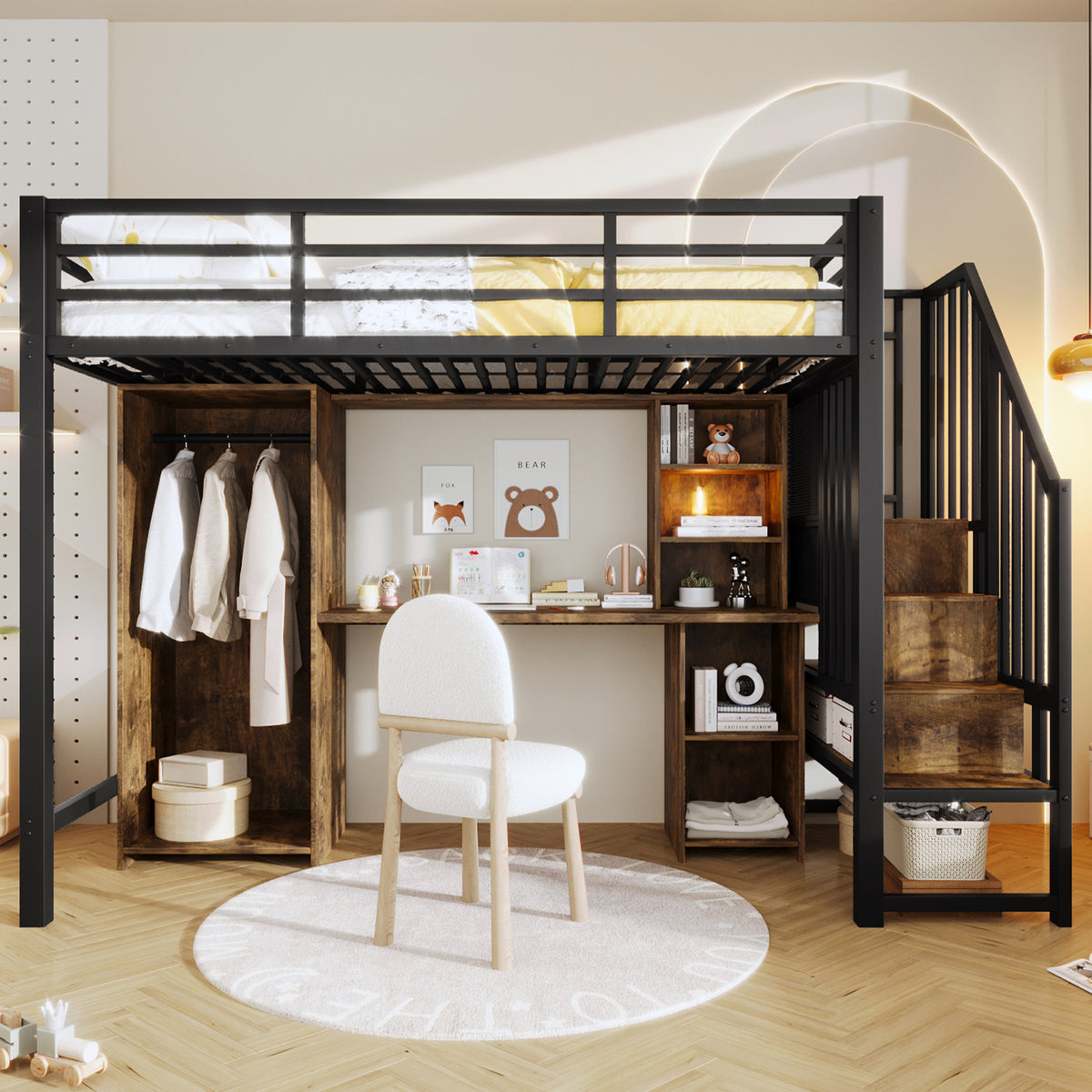 Loft Bed 90x200 cm with Wardrobe, Desk & Storage, Black Iron Frame