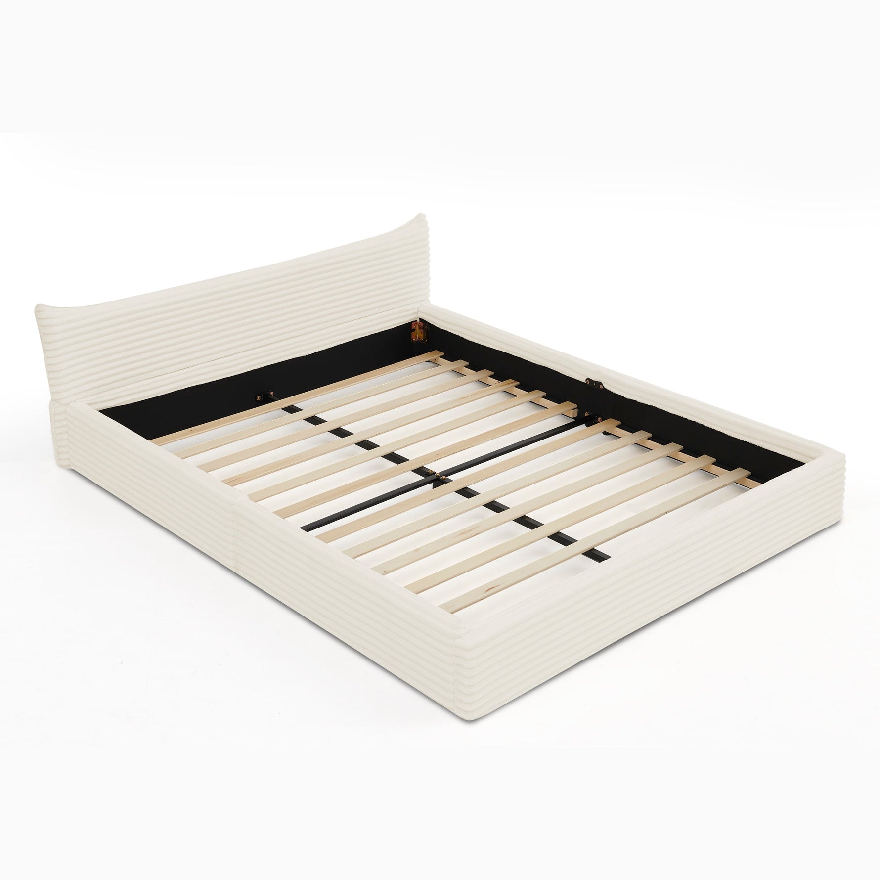 Double Bed 140x200cm, Corduroy Cover, Eucalyptus Wood Frame, Beige