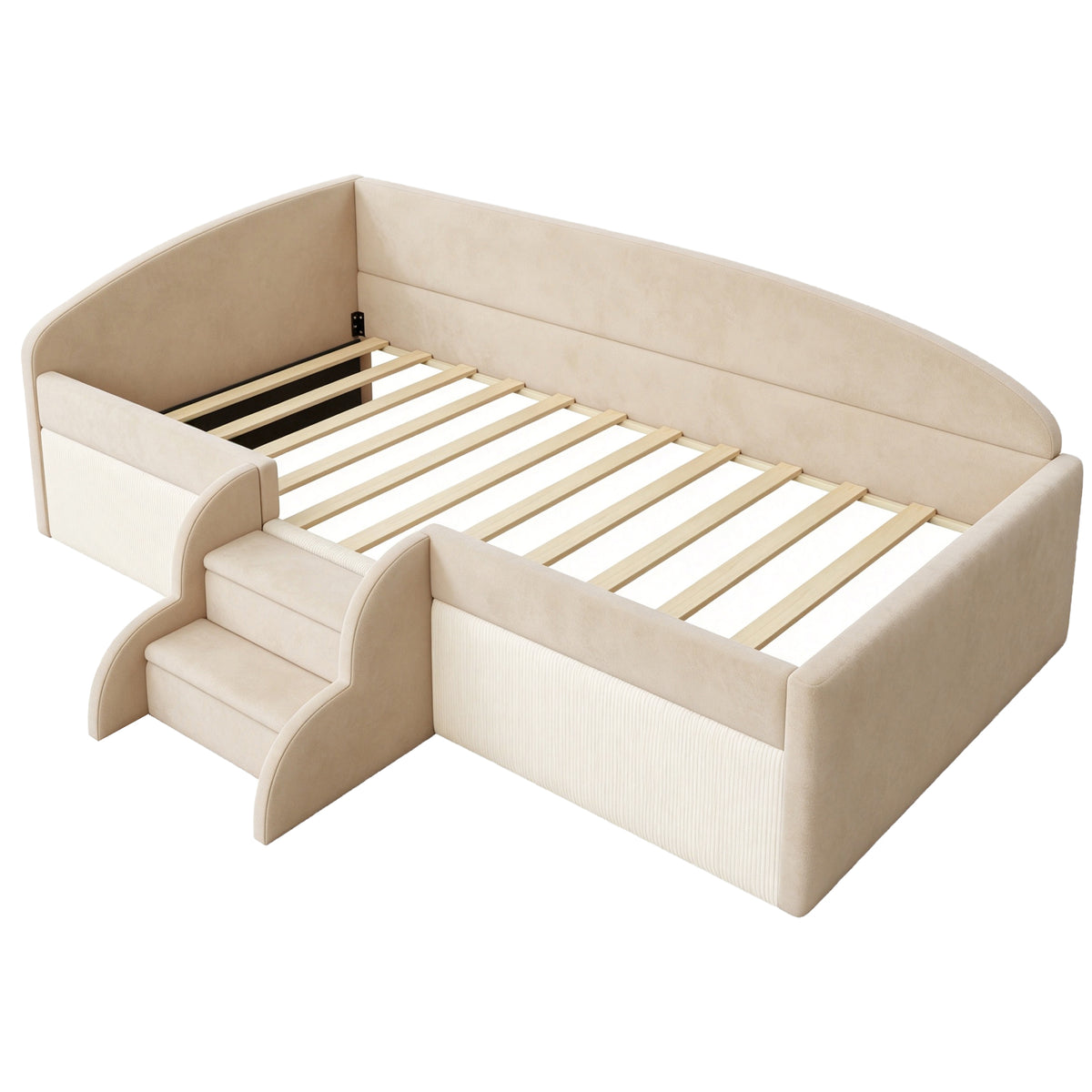 Children's Upholstered Bed 90x190cm with Steps, Beige Velvet