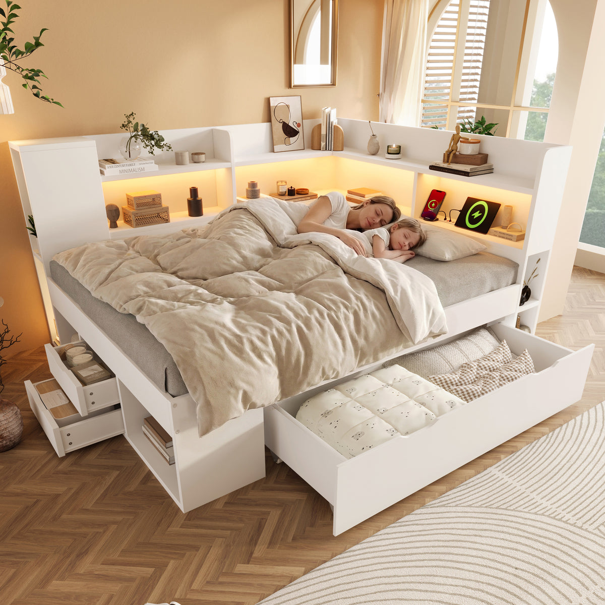 Functional Daybed 140x200cm with LED Light & Storage Drawers, White
