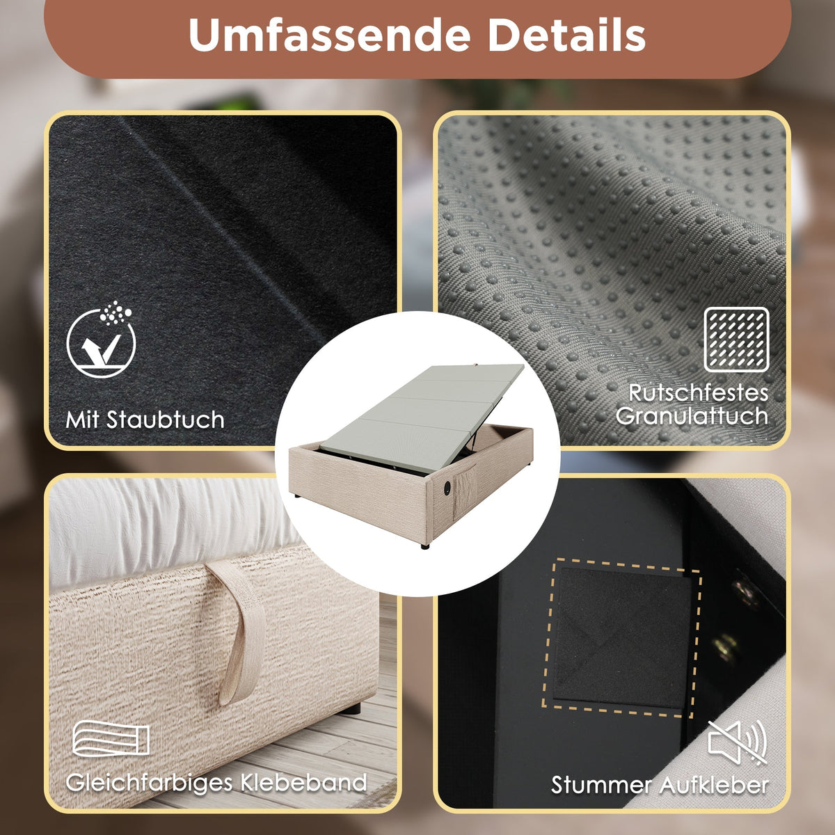 Upholstered Double Bed, 140x200 cm, with USB-C, Linen Natural