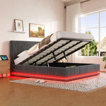 Modern Upholstered Bed with LED Lighting, USB-C and Under-Bed Storage, Gray Corduroy