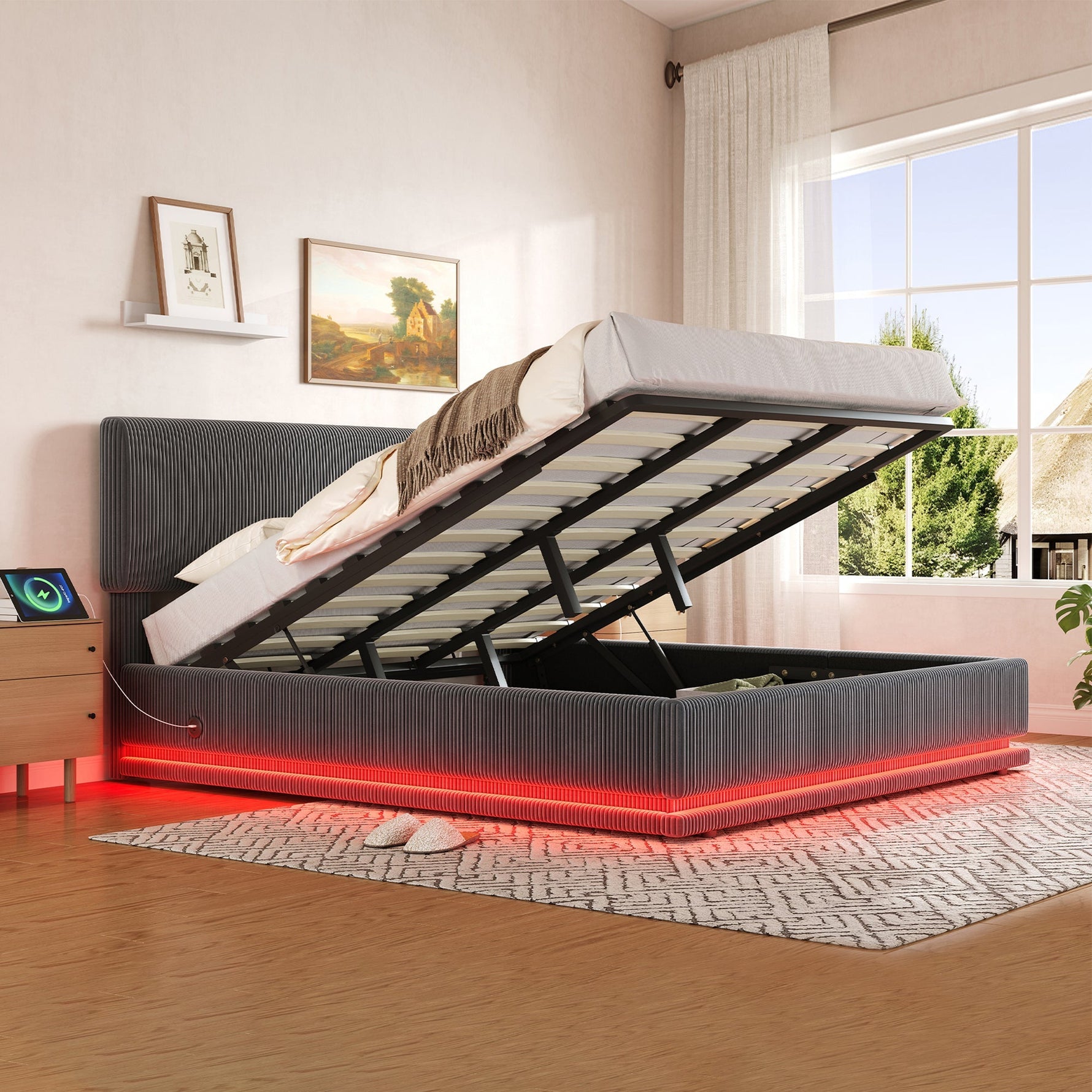 Modern Upholstered Bed with LED Lighting, USB-C and Under-Bed Storage, Gray Corduroy