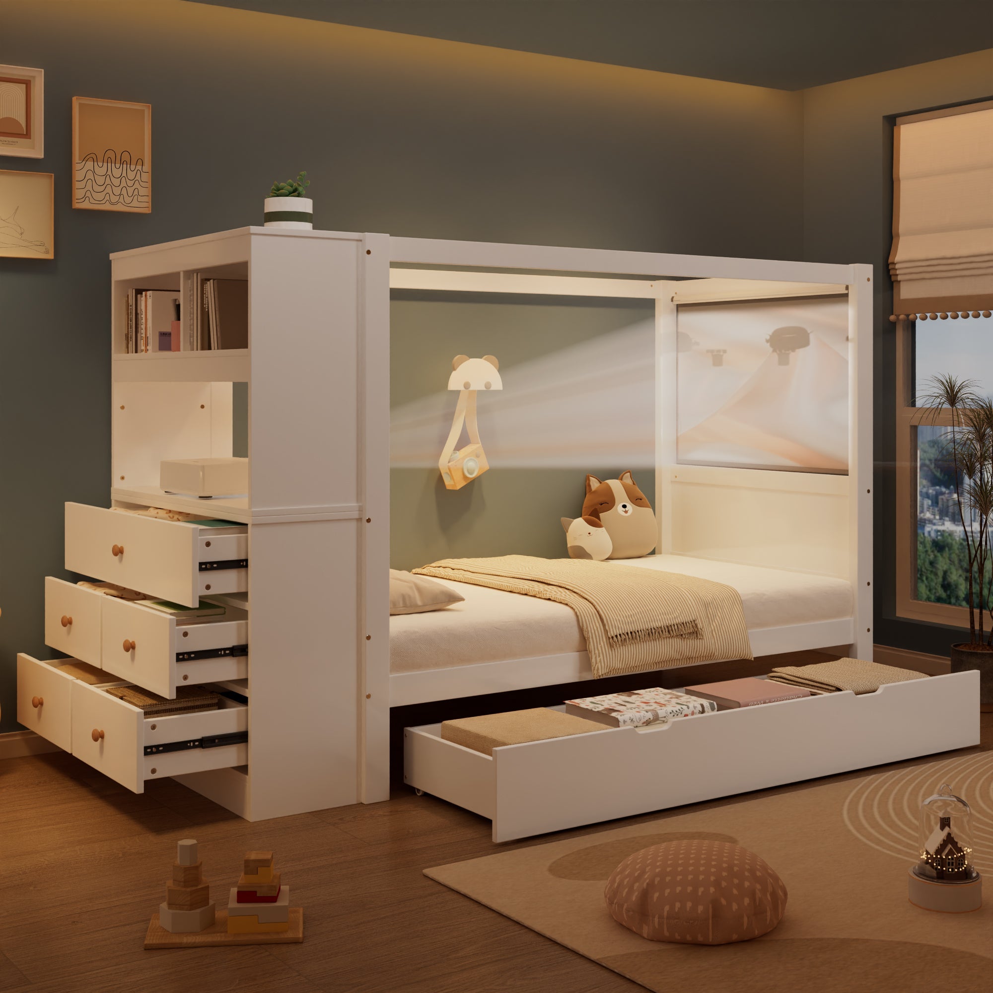 Single bed with safety rail, storage, 5 drawers, white+natural, pine+PB