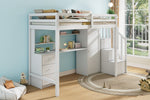 Bunk Bed 90x200cm with Desk, Wardrobe, Stair Storage - White