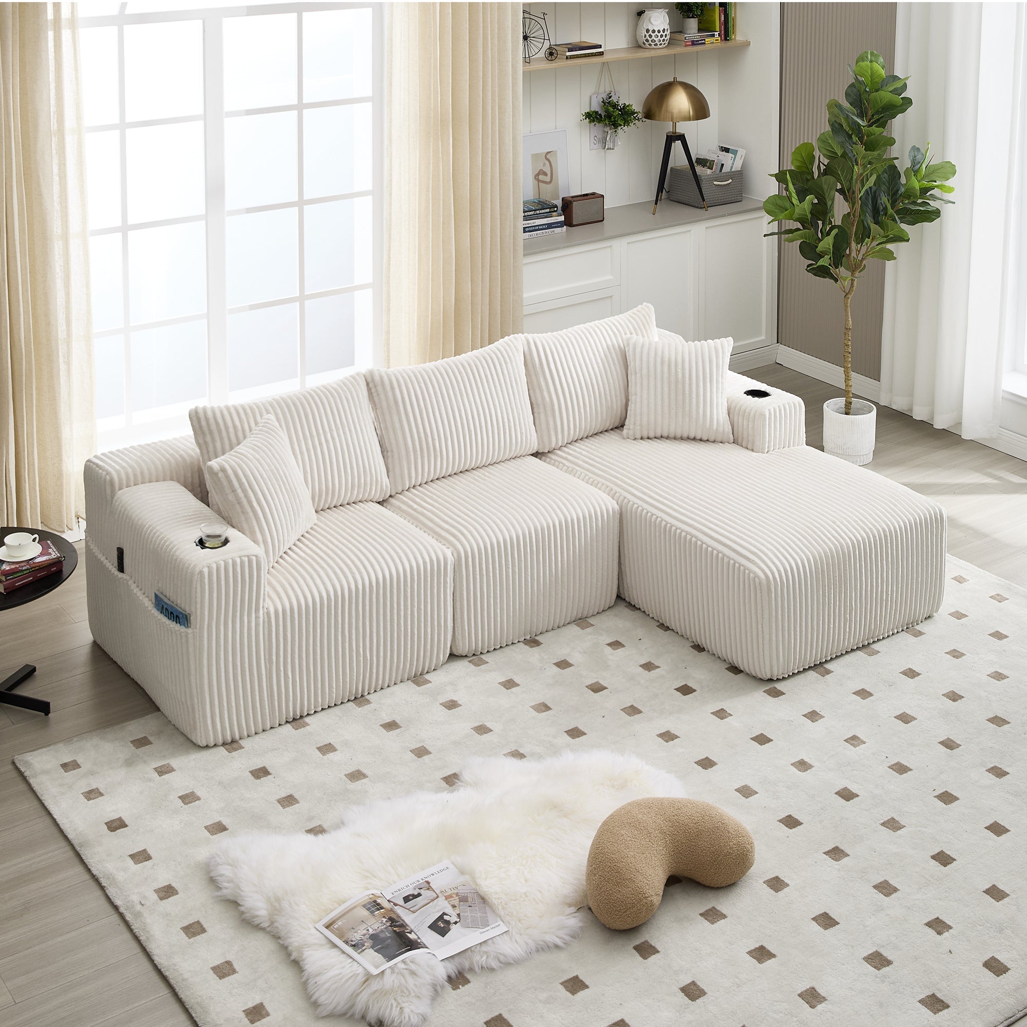 Modular Sofa Set Chaise & 2-Seater, DIY Combination, Corduroy Fabric