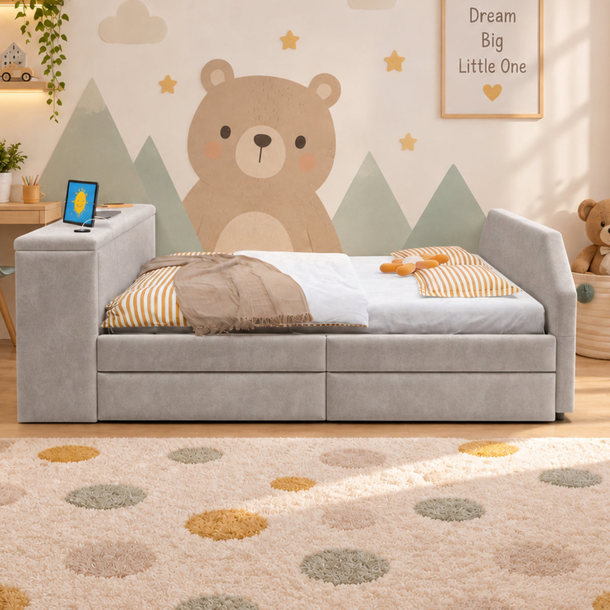 Children's Bed 140x200 with Desk & Guest Bed in Grey Velvet