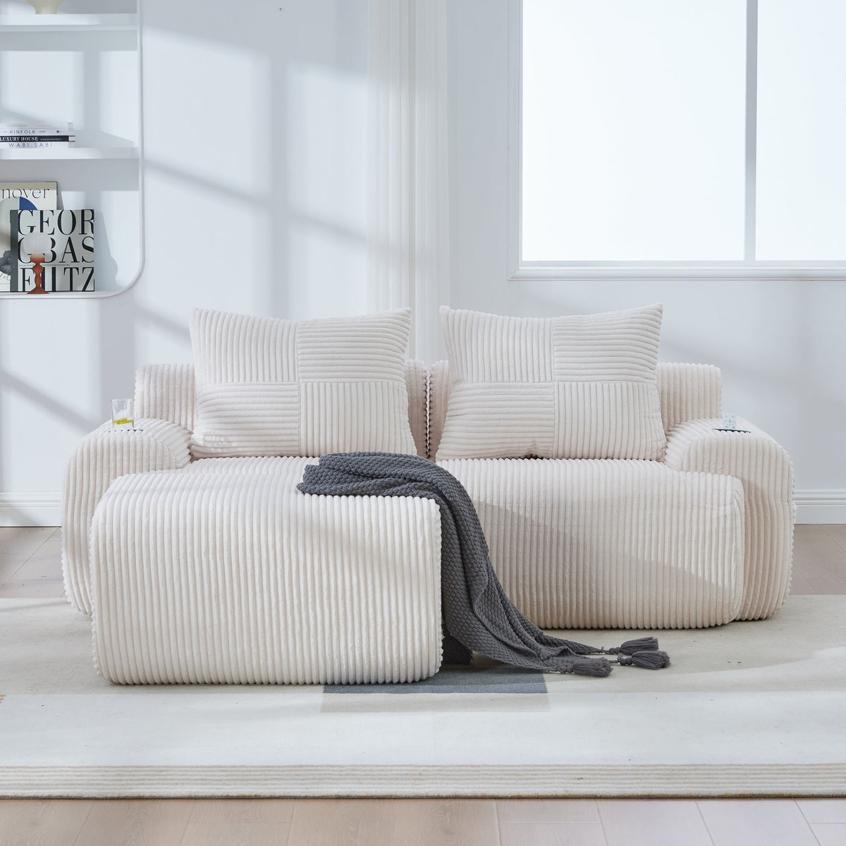 Modular Corduroy Sofa for 2 People with Ottomans, Cup Holder and Side Pocket, Beige