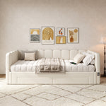Upholstered Daybed Sofa Bed Extendable 90x200cm Storage Drawers USB Port Beige Linen