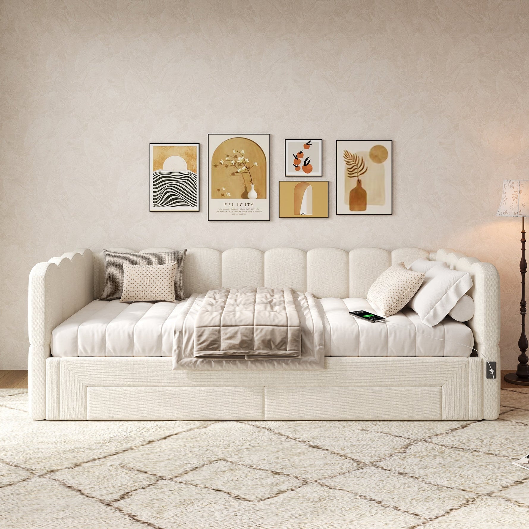 Upholstered Daybed Sofa Bed Extendable 90x200cm Storage Drawers USB Port Beige Linen