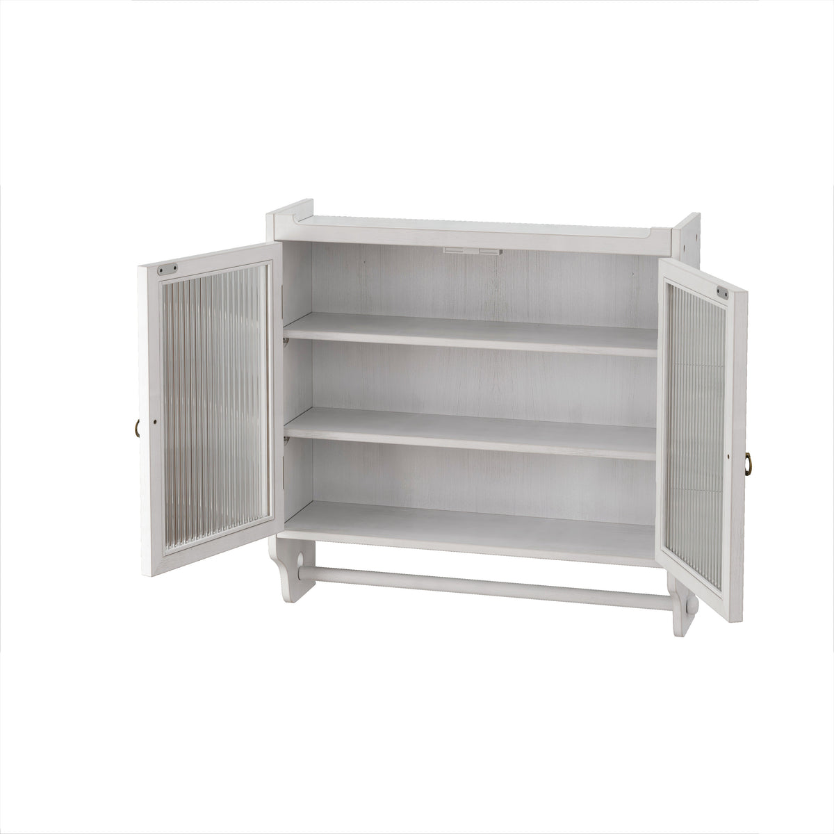 60cm Glass Door Vintage Double Door Wall Cabinet, Three Tiers, Towel Rack, White Washed