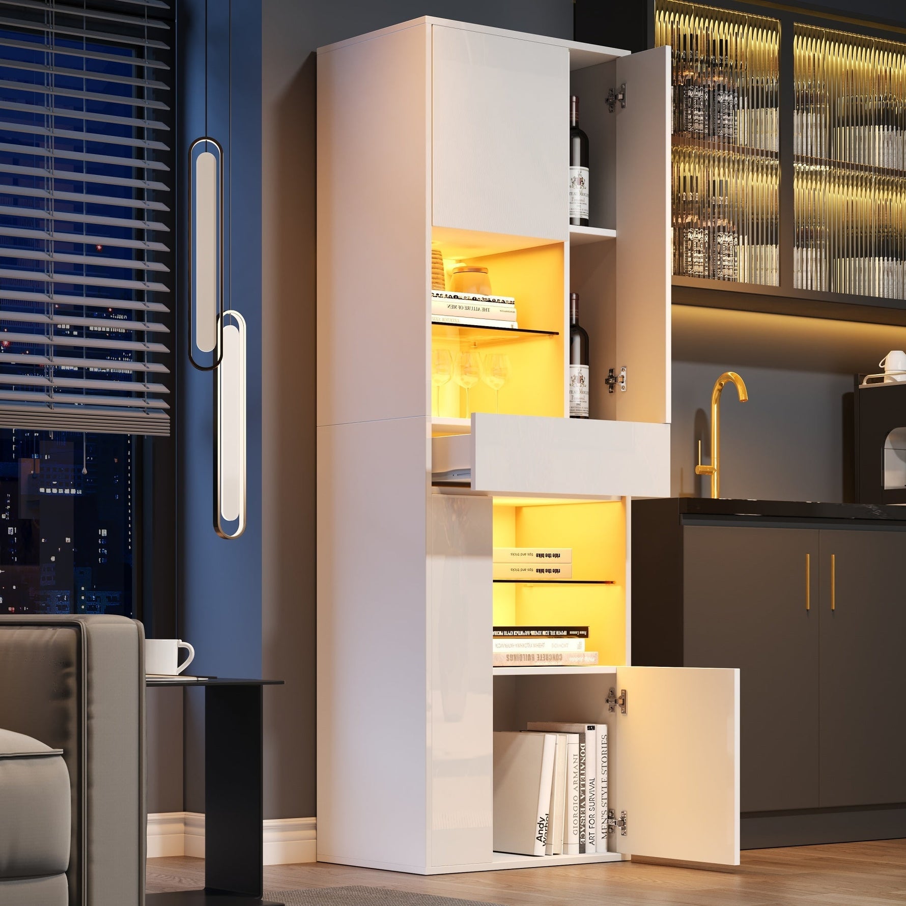 Display Cabinet Tall, LED High-Gloss 1 Drawer 4 Cabinets 55x38x170cm, White