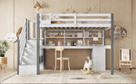 Mid-Height Bed 90x200cm with Desk, Storage & Ladder, White & Grey