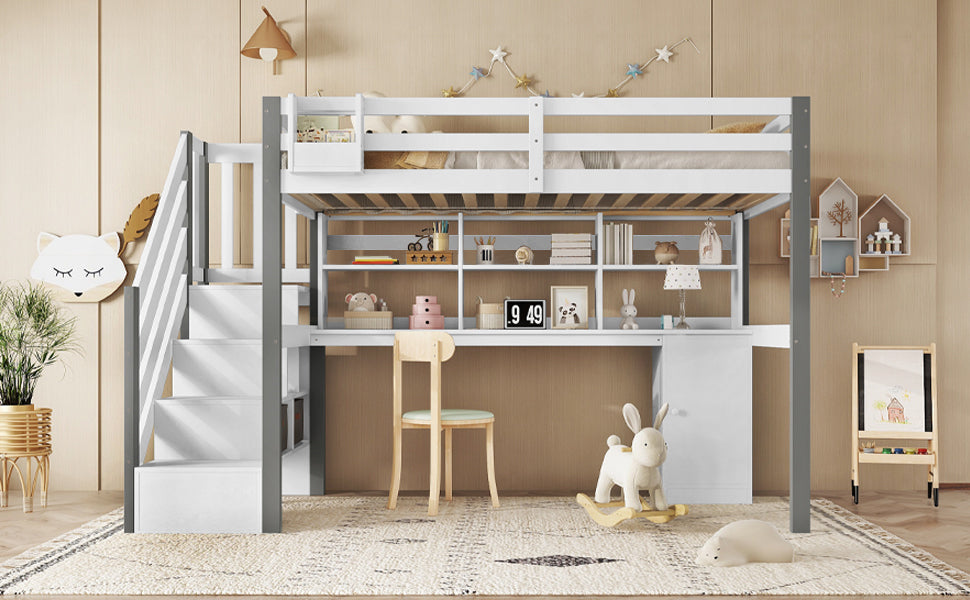 Mid-Height Bed 90x200cm with Desk, Storage & Ladder, White & Grey