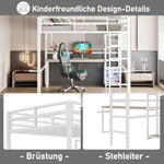 Loft Bed 140x200cm Desk Power/USB-C Shelves Stepladder - White Iron Frame