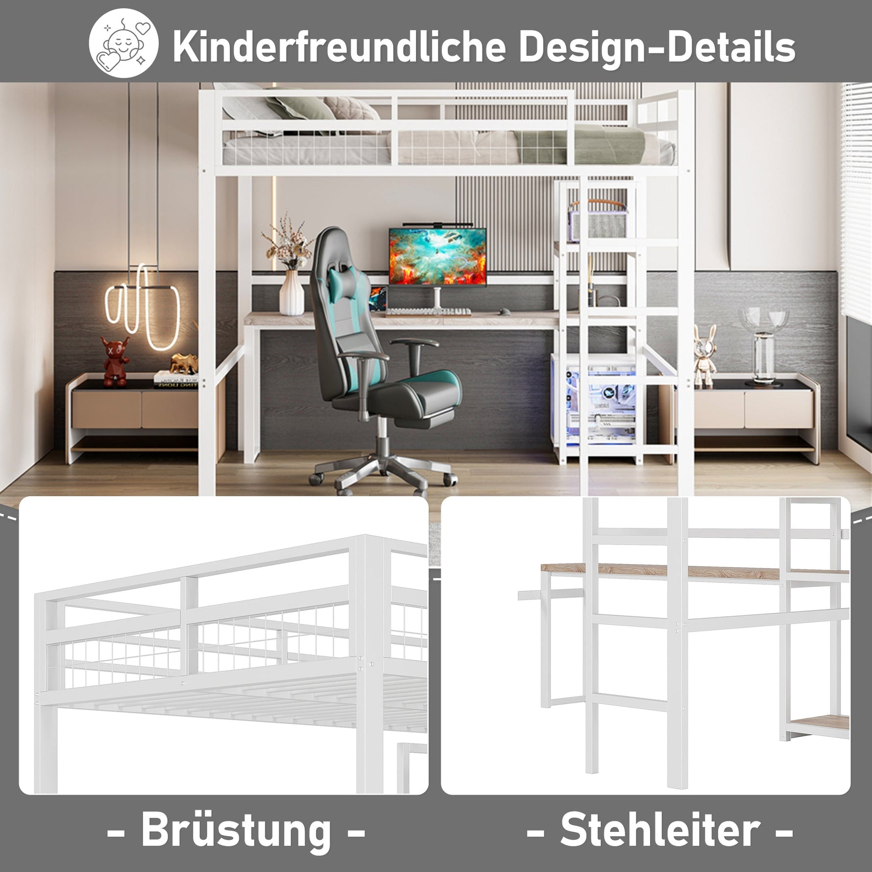 Loft Bed 140x200cm Desk Power/USB-C Shelves Stepladder - White Iron Frame