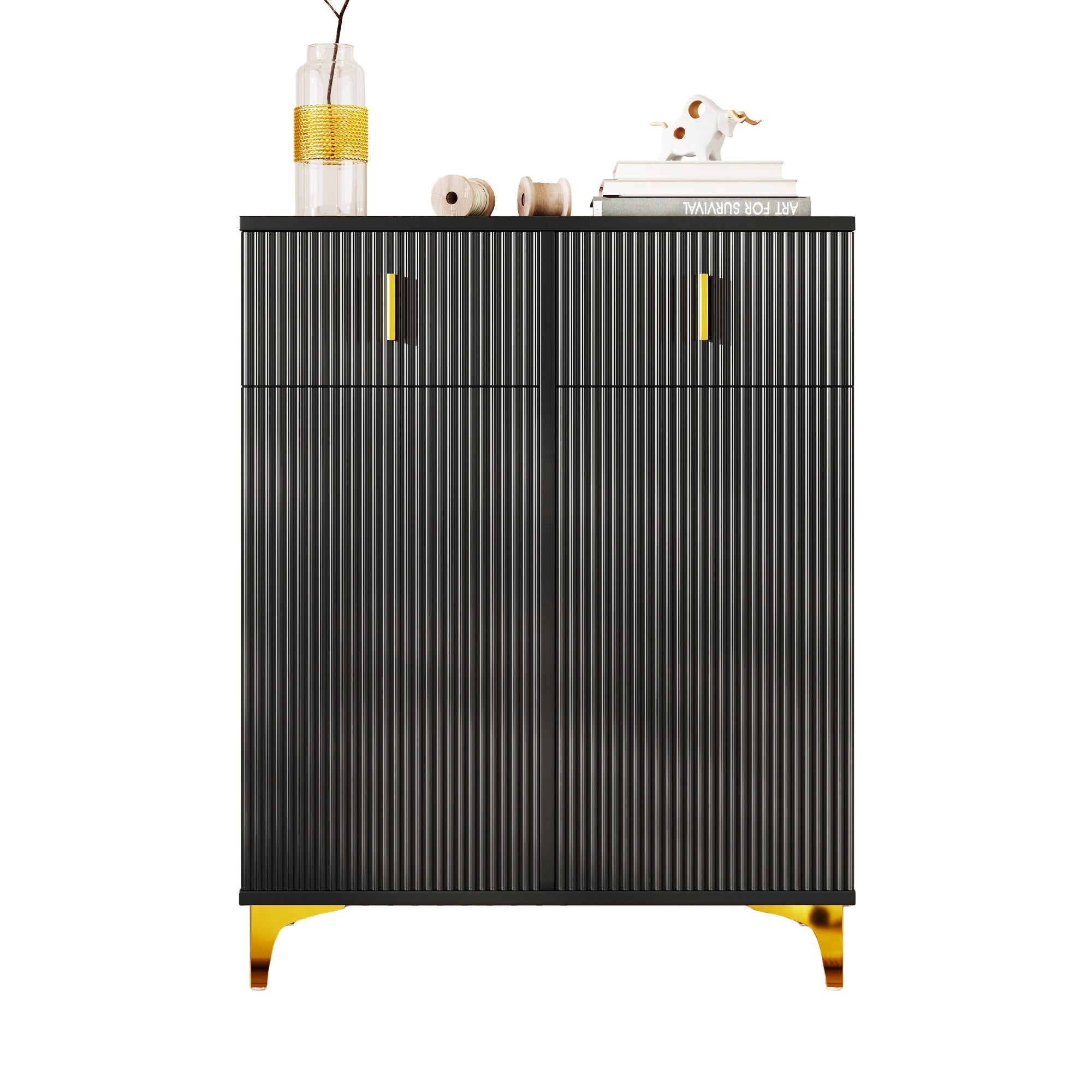 Sideboard/Shoe Cabinet with Adjustable Shelves, Drawers, Gilded Decorations, Black