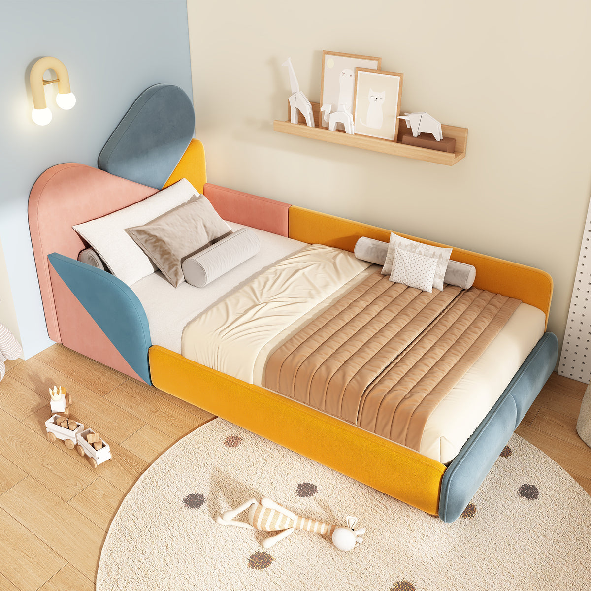 Children's Upholstered Bed 90x200cm with Fall Protection, Multicolour