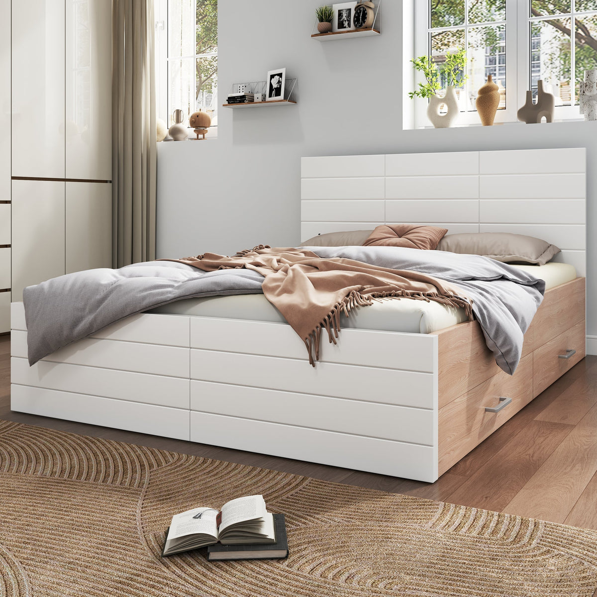 Double Wooden Bed, 160x200cm with 2 Drawers & Slatted Frame, Oak/White