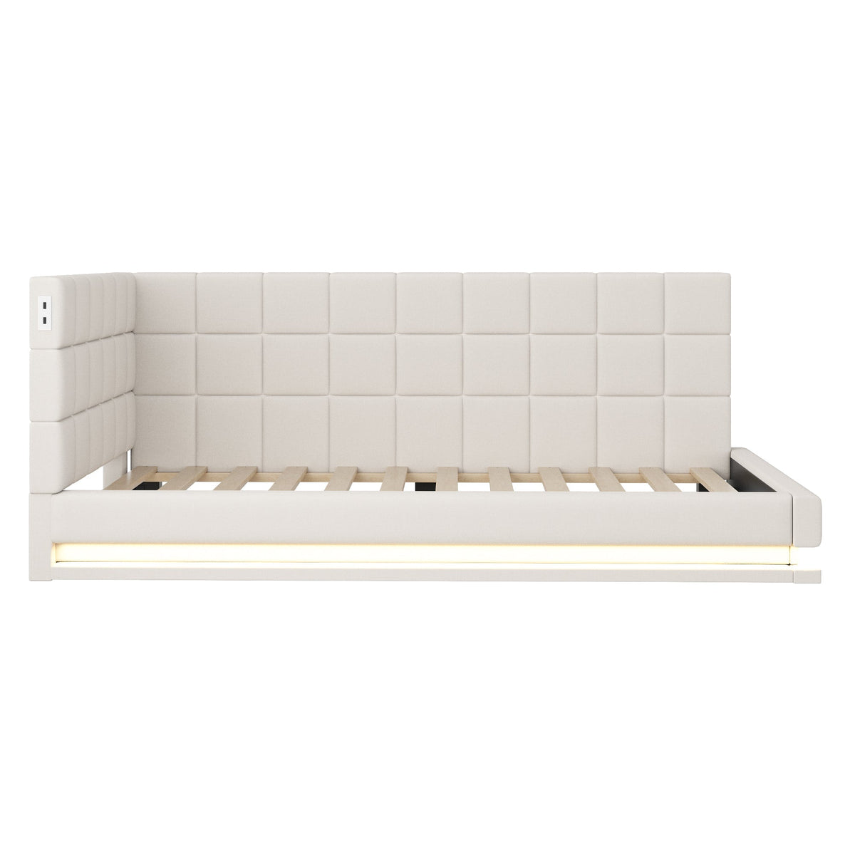 Upholstered Bed Sofa, 90x200 Multifunctional with LED & USB, Linen Fabric, Beige
