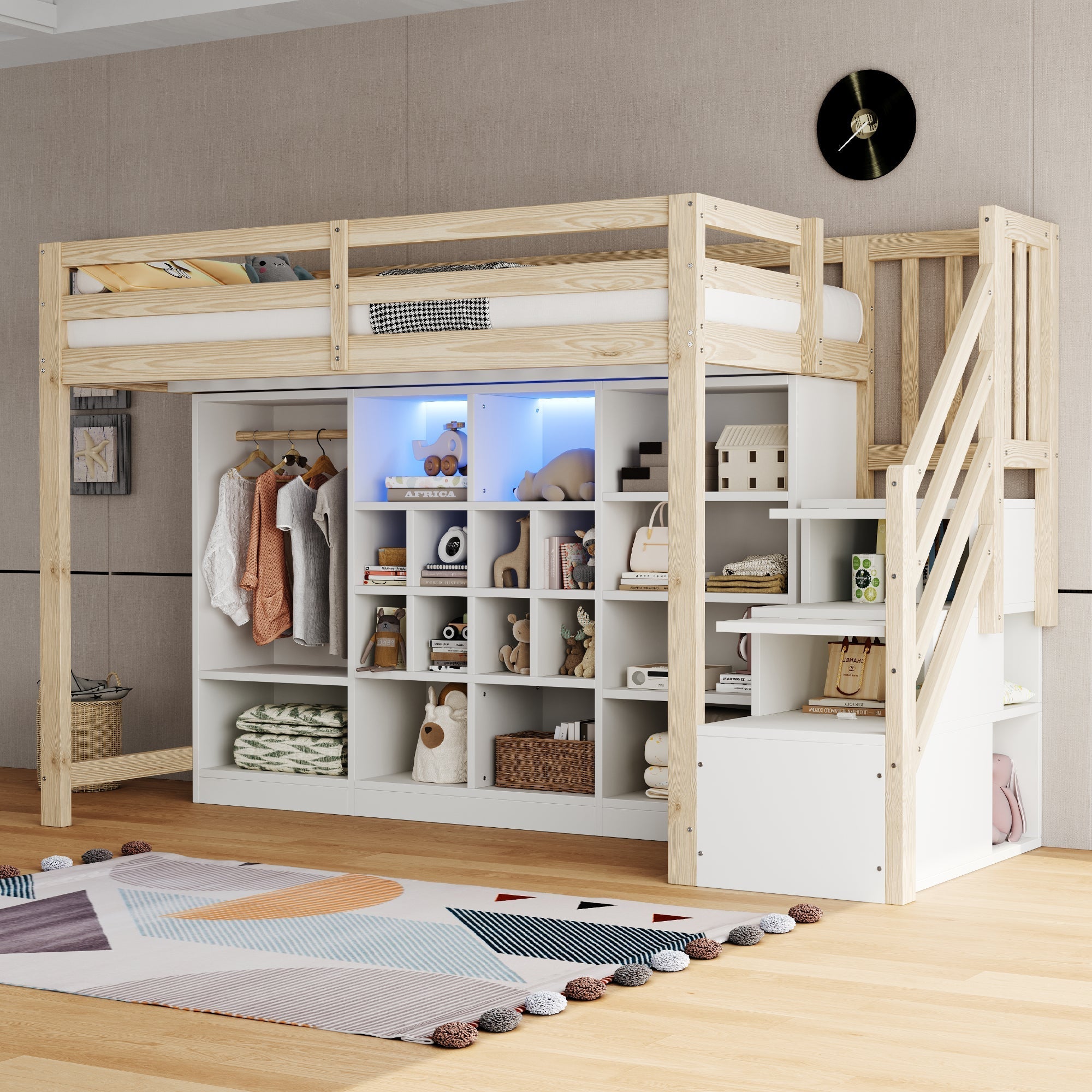 Loft Bed with Wardrobe, Storage Cabinets, LED and Side Ladder, 90x200cm, Wood Color