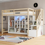 Loft Bed with Wardrobe, Storage Cabinets, LED and Side Ladder, 90x200cm, Wood Color
