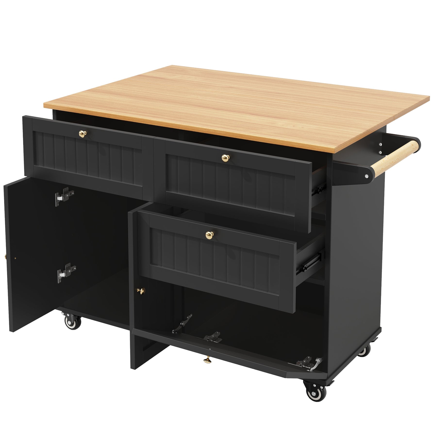 Modern Kitchen Island Dining Table Multifunctional with Storage Wood Grain Black