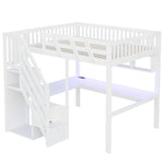 Solid Wood Bed 140x200 with Desk, Storage & LED - White